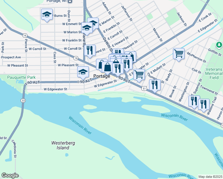map of restaurants, bars, coffee shops, grocery stores, and more near 215 West Mullett Street in Portage