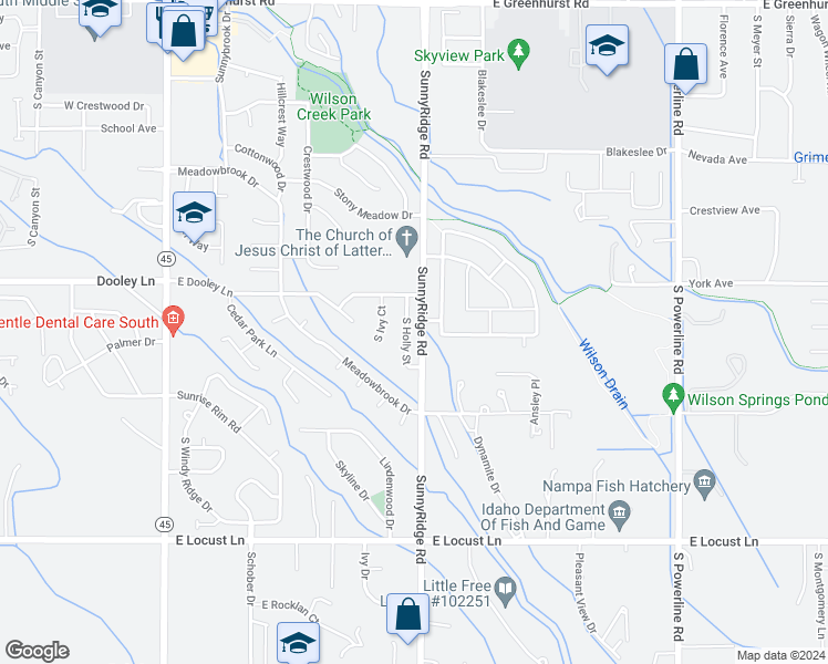 map of restaurants, bars, coffee shops, grocery stores, and more near 3214 South Holly Street in Nampa