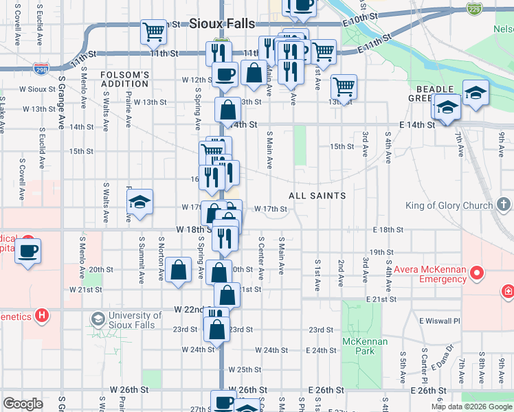 map of restaurants, bars, coffee shops, grocery stores, and more near 210 West 17th Street in Sioux Falls