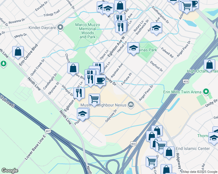 map of restaurants, bars, coffee shops, grocery stores, and more near 3450 Platinum Drive in Mississauga