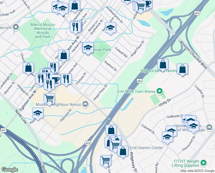 map of restaurants, bars, coffee shops, grocery stores, and more near 3398 Angel Pass Drive in Mississauga