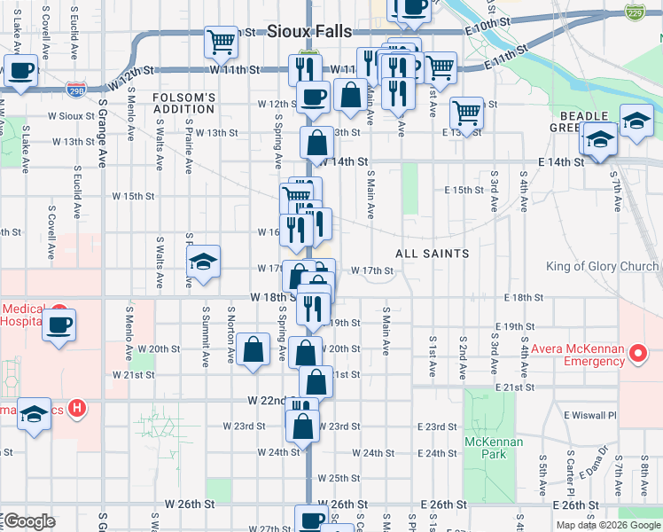 map of restaurants, bars, coffee shops, grocery stores, and more near 903 South Dakota Avenue in Sioux Falls