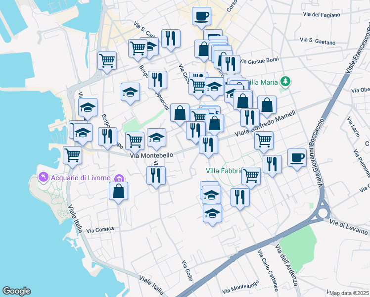 map of restaurants, bars, coffee shops, grocery stores, and more near 46 Via Montebello in Livorno