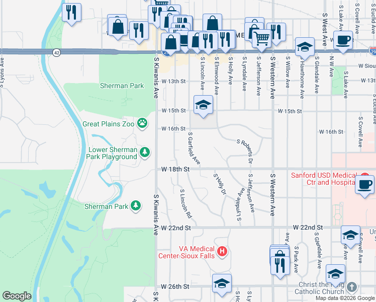map of restaurants, bars, coffee shops, grocery stores, and more near 800-998 Williams Avenue in Sioux Falls