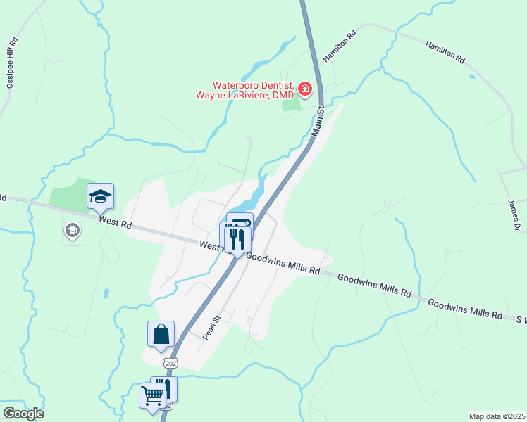 map of restaurants, bars, coffee shops, grocery stores, and more near 900 Main Street in Waterboro