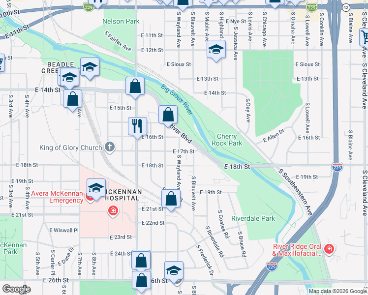map of restaurants, bars, coffee shops, grocery stores, and more near 1509 East 17th Street in Sioux Falls