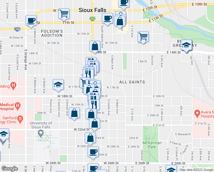 map of restaurants, bars, coffee shops, grocery stores, and more near 210 West 17th Street in Sioux Falls