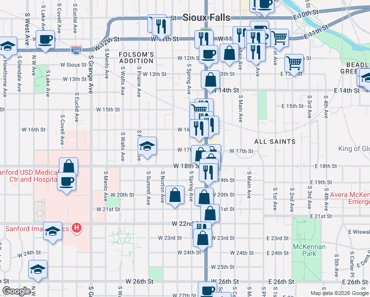 map of restaurants, bars, coffee shops, grocery stores, and more near 521 West 17th Street in Sioux Falls