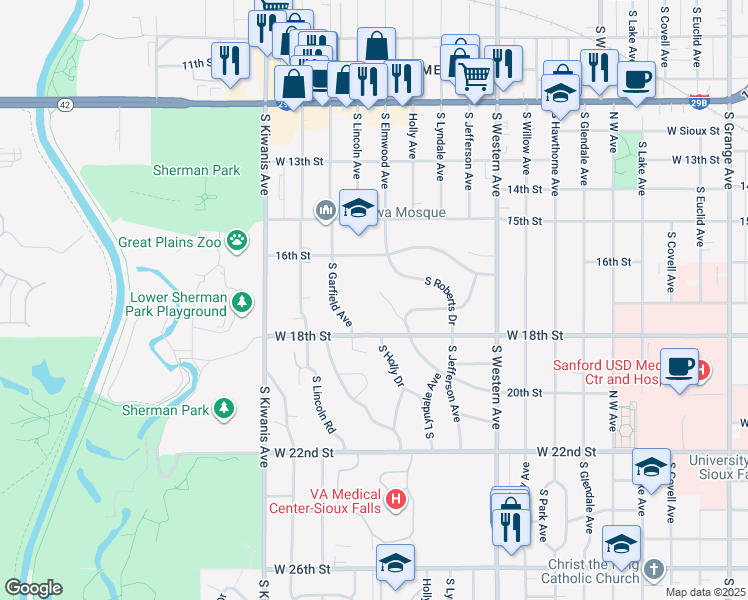 map of restaurants, bars, coffee shops, grocery stores, and more near 2408 West Kenwood Court in Sioux Falls