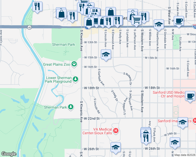 map of restaurants, bars, coffee shops, grocery stores, and more near 800-998 Williams Avenue in Sioux Falls