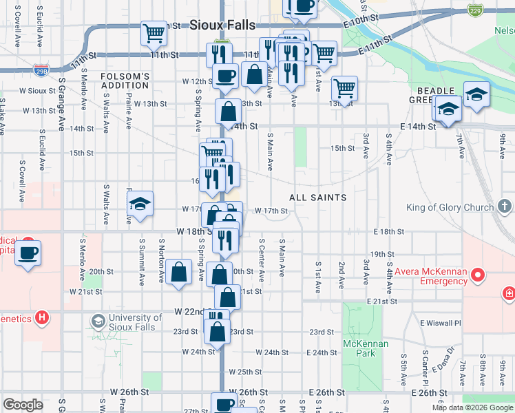 map of restaurants, bars, coffee shops, grocery stores, and more near 210 West 17th Street in Sioux Falls