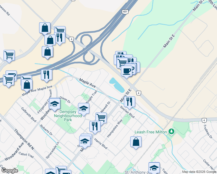 map of restaurants, bars, coffee shops, grocery stores, and more near 1479 Maple Avenue in Milton