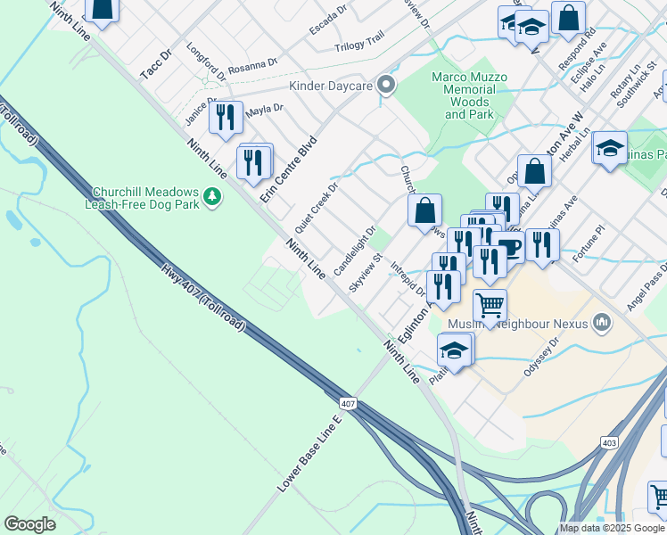 map of restaurants, bars, coffee shops, grocery stores, and more near 3935 Candlelight Drive in Mississauga