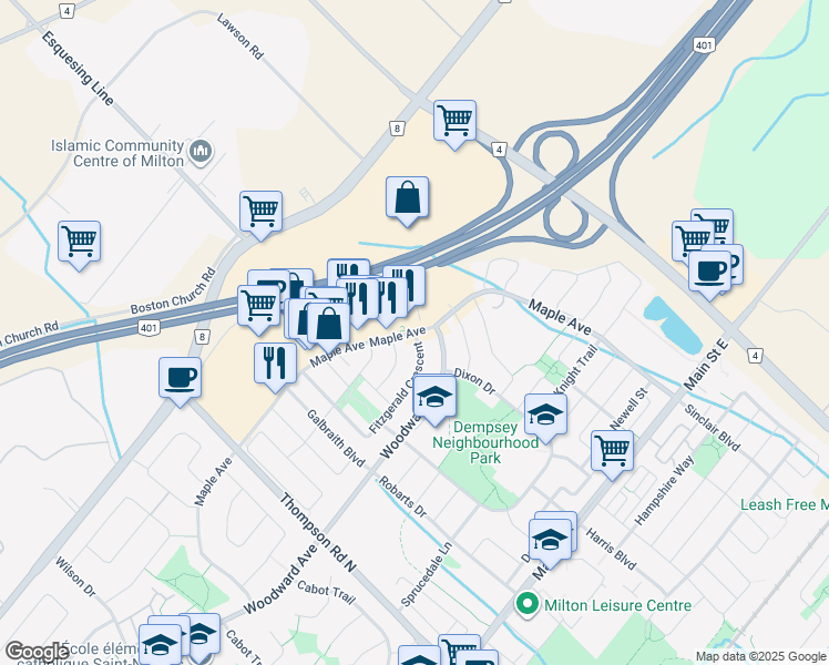 map of restaurants, bars, coffee shops, grocery stores, and more near Maple Avenue in Milton