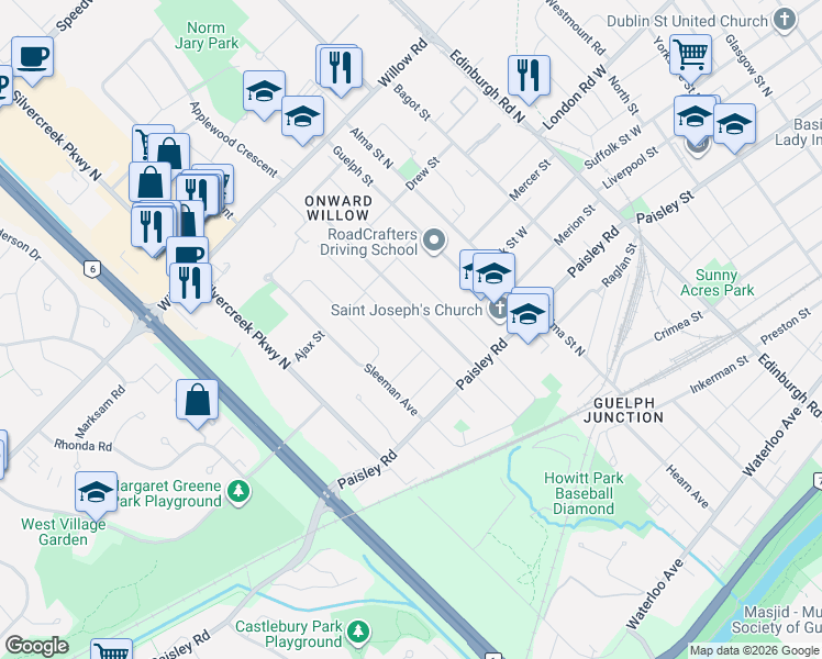 map of restaurants, bars, coffee shops, grocery stores, and more near 19 Ridgewood Avenue in Guelph