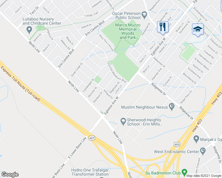 map of restaurants, bars, coffee shops, grocery stores, and more near 3755 Nightstar Drive in Mississauga