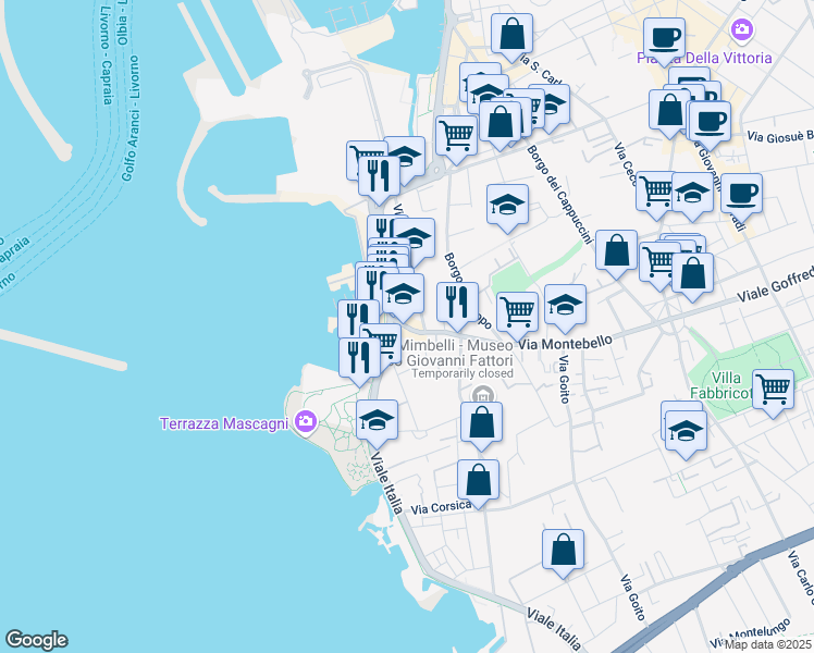 map of restaurants, bars, coffee shops, grocery stores, and more near 79 Via dei Funaioli in Livorno