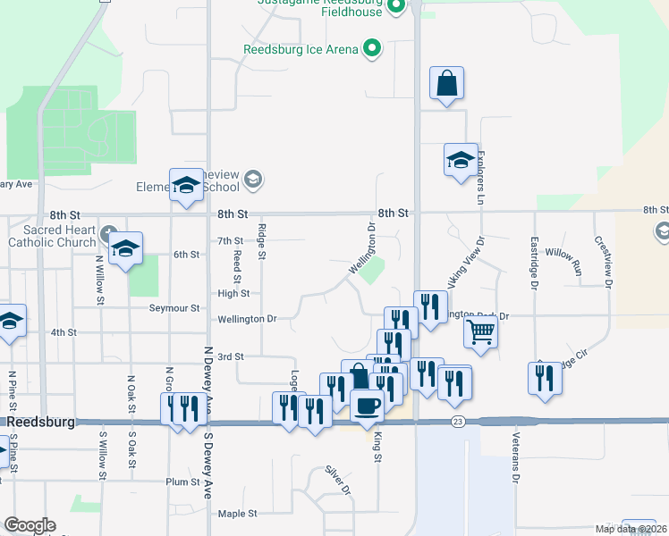 map of restaurants, bars, coffee shops, grocery stores, and more near 1387 Wellington Drive in Reedsburg