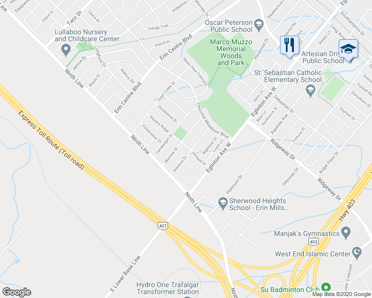 map of restaurants, bars, coffee shops, grocery stores, and more near 3941 Stardust Drive in Mississauga