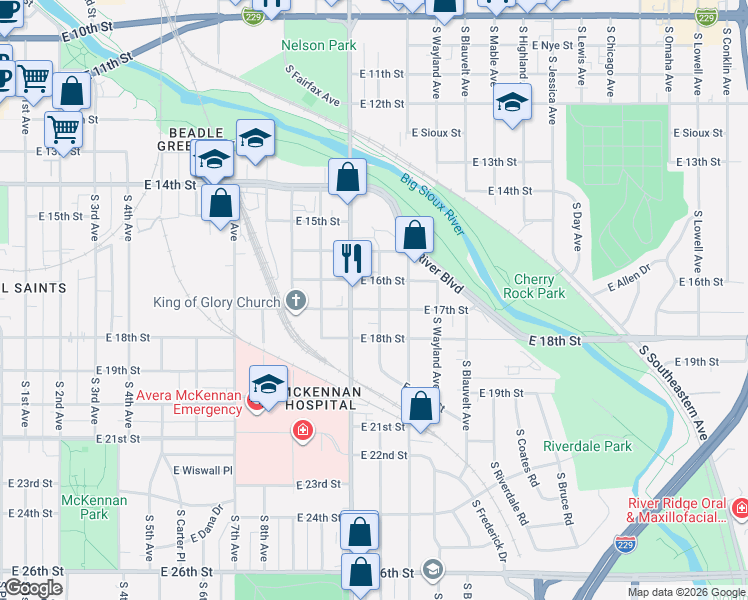 map of restaurants, bars, coffee shops, grocery stores, and more near 1000 Cliff Avenue in Sioux Falls