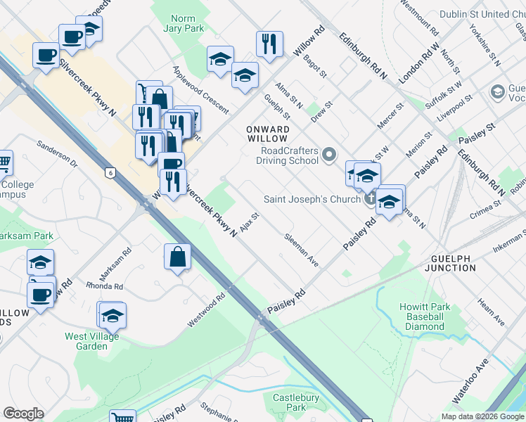 map of restaurants, bars, coffee shops, grocery stores, and more near 47 Sleeman Avenue in Guelph