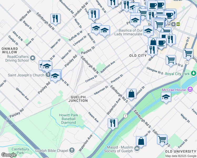map of restaurants, bars, coffee shops, grocery stores, and more near 30 Edinburgh Road North in Guelph