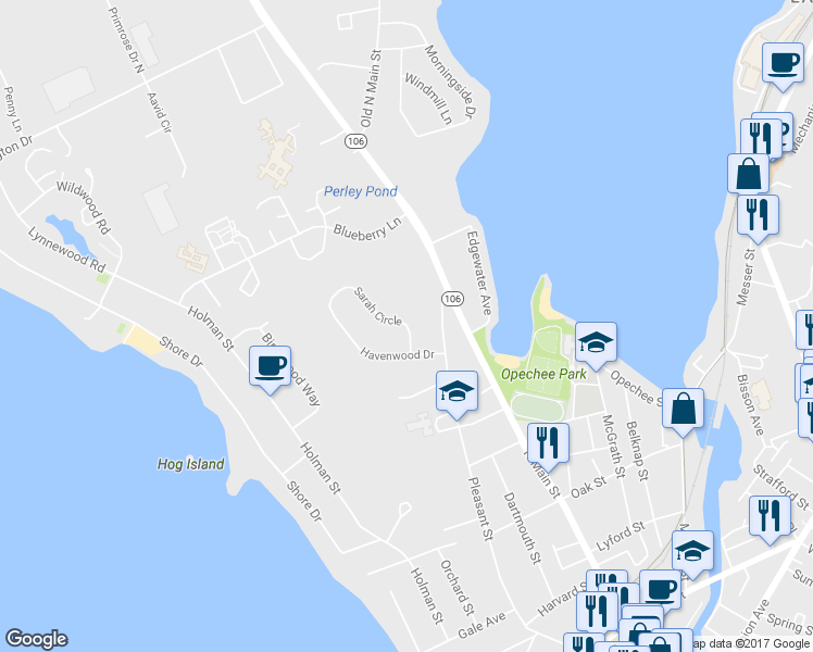 map of restaurants, bars, coffee shops, grocery stores, and more near 212 Sarah Circle in Laconia