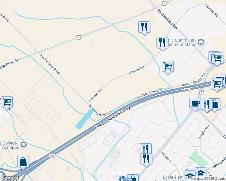 map of restaurants, bars, coffee shops, grocery stores, and more near 8400 Lawson Road in Milton