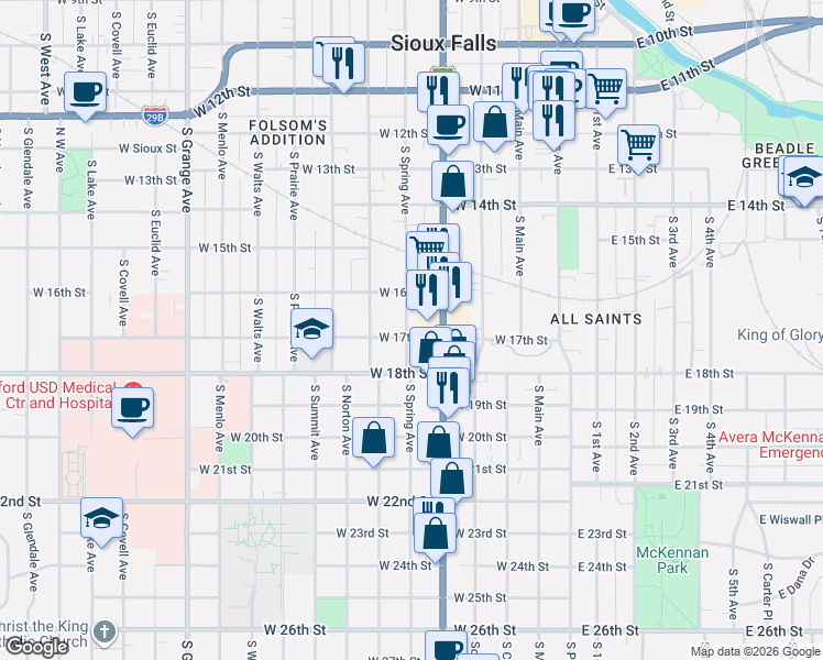 map of restaurants, bars, coffee shops, grocery stores, and more near 413 West 17th Street in Sioux Falls