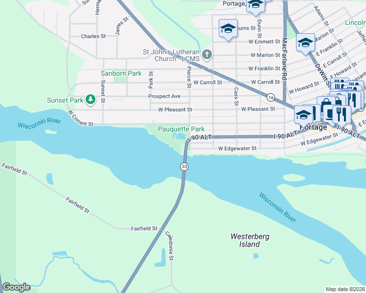 map of restaurants, bars, coffee shops, grocery stores, and more near 730 West Edgewater Street in Portage