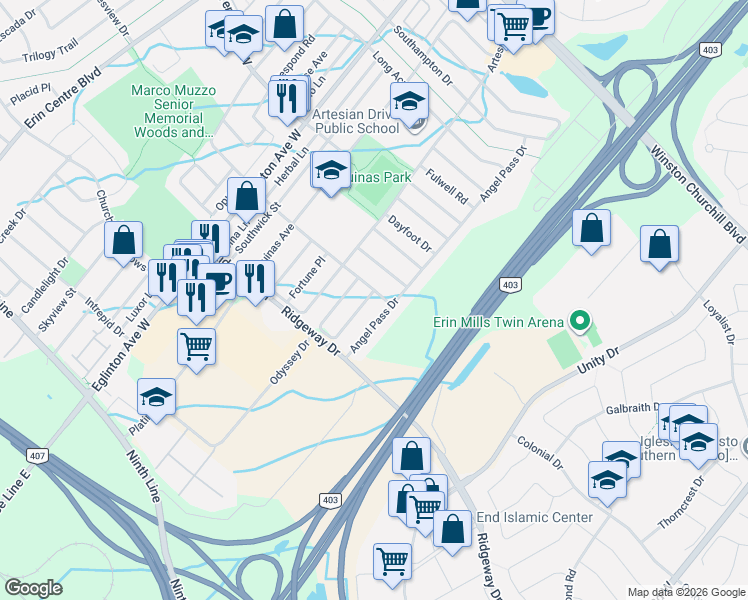 map of restaurants, bars, coffee shops, grocery stores, and more near 4804 Dovehouse Drive in Mississauga