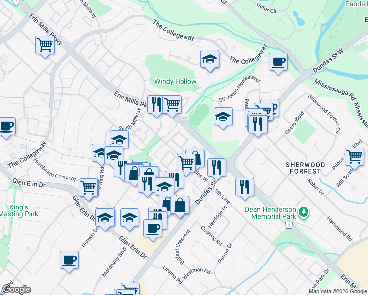 map of restaurants, bars, coffee shops, grocery stores, and more near 3125 Fifth Line West in Mississauga