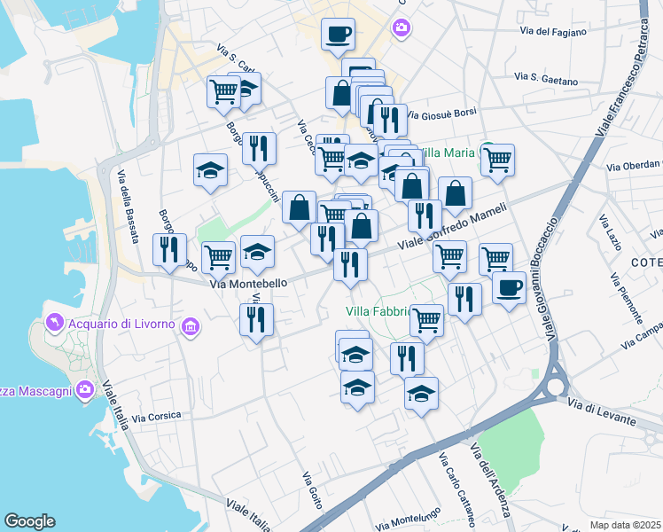map of restaurants, bars, coffee shops, grocery stores, and more near 10 Viale Rosa del Tirreno in Livorno