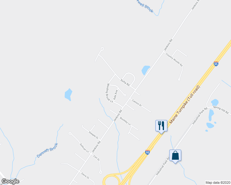 map of restaurants, bars, coffee shops, grocery stores, and more near 6 Ada Avenue in Saco