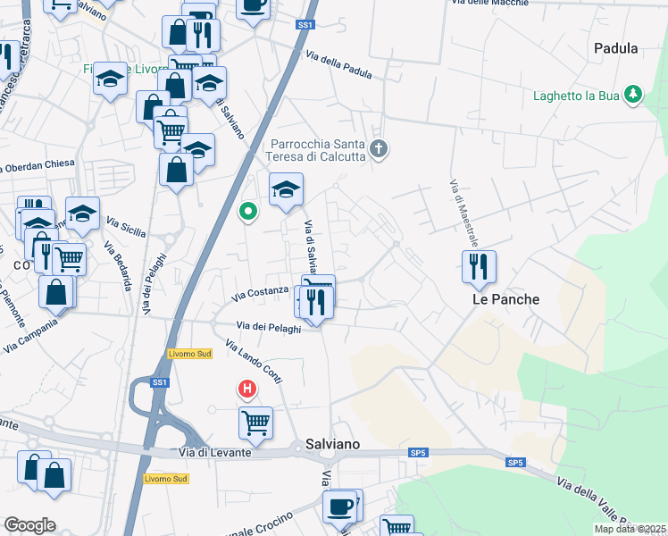 map of restaurants, bars, coffee shops, grocery stores, and more near 7 Via Renuccio Renucci in Livorno