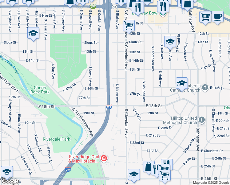 map of restaurants, bars, coffee shops, grocery stores, and more near 1001 South Blaine Avenue in Sioux Falls