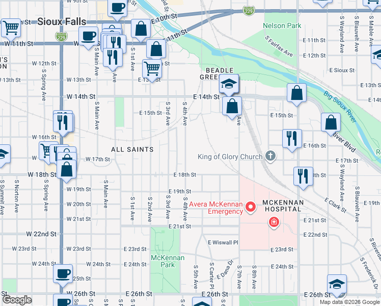 map of restaurants, bars, coffee shops, grocery stores, and more near 914 South 4th Avenue in Sioux Falls