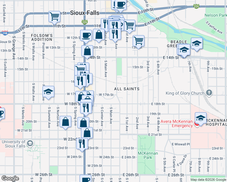 map of restaurants, bars, coffee shops, grocery stores, and more near 101 West 17th Street in Sioux Falls