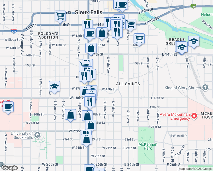 map of restaurants, bars, coffee shops, grocery stores, and more near 210 West 17th Street in Sioux Falls