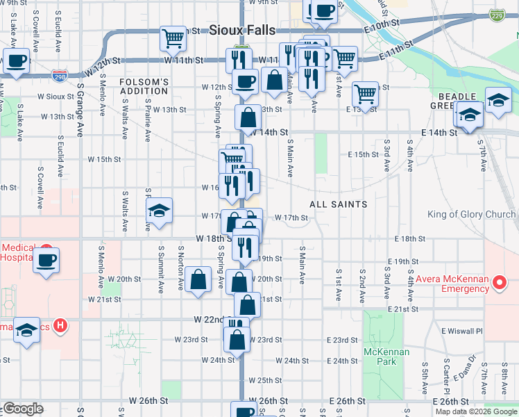 map of restaurants, bars, coffee shops, grocery stores, and more near 903 South Dakota Avenue in Sioux Falls