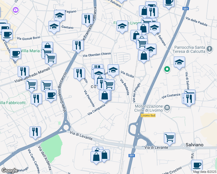 map of restaurants, bars, coffee shops, grocery stores, and more near 12 Via Lombardia in Livorno