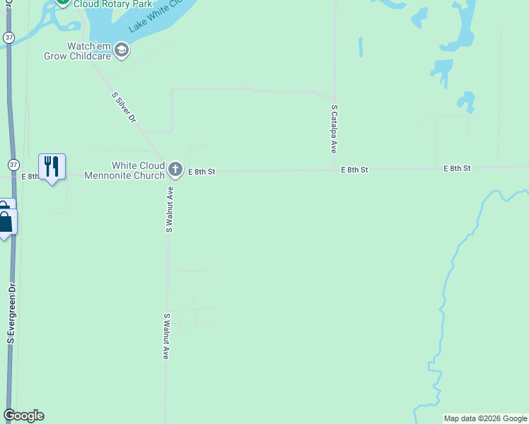 map of restaurants, bars, coffee shops, grocery stores, and more near 1744 East 8th Street in White Cloud