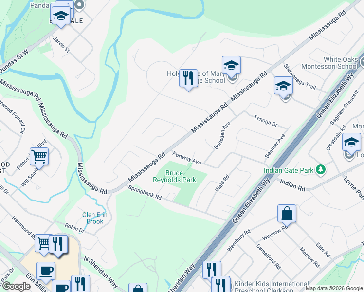 map of restaurants, bars, coffee shops, grocery stores, and more near in Mississauga