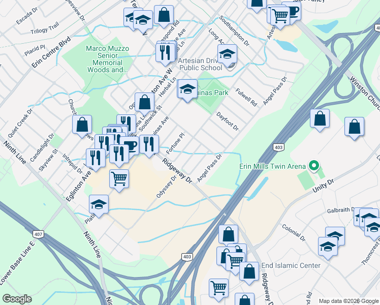map of restaurants, bars, coffee shops, grocery stores, and more near 3478 Covent Crescent in Mississauga