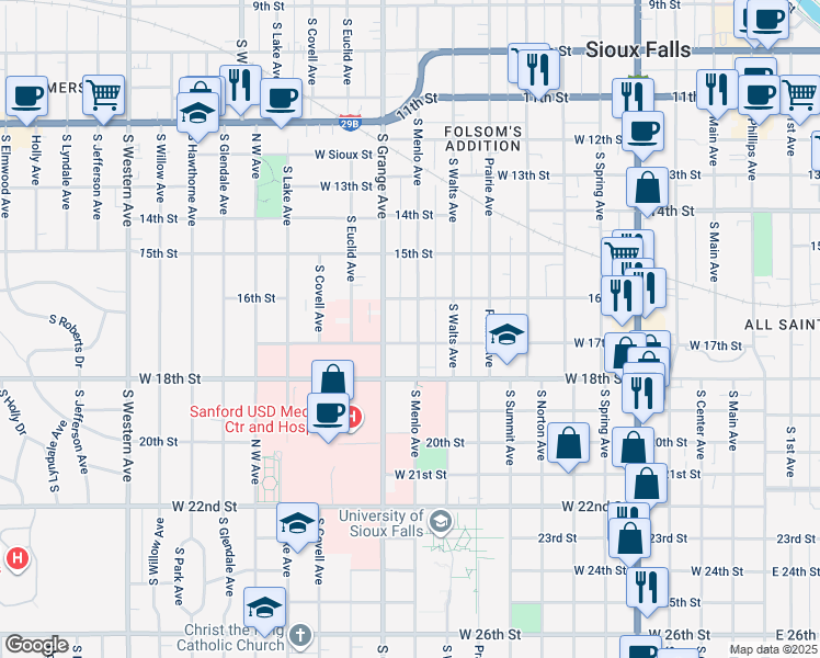 map of restaurants, bars, coffee shops, grocery stores, and more near 827 South Menlo Avenue in Sioux Falls