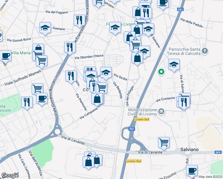 map of restaurants, bars, coffee shops, grocery stores, and more near 41 Via Molise in Livorno