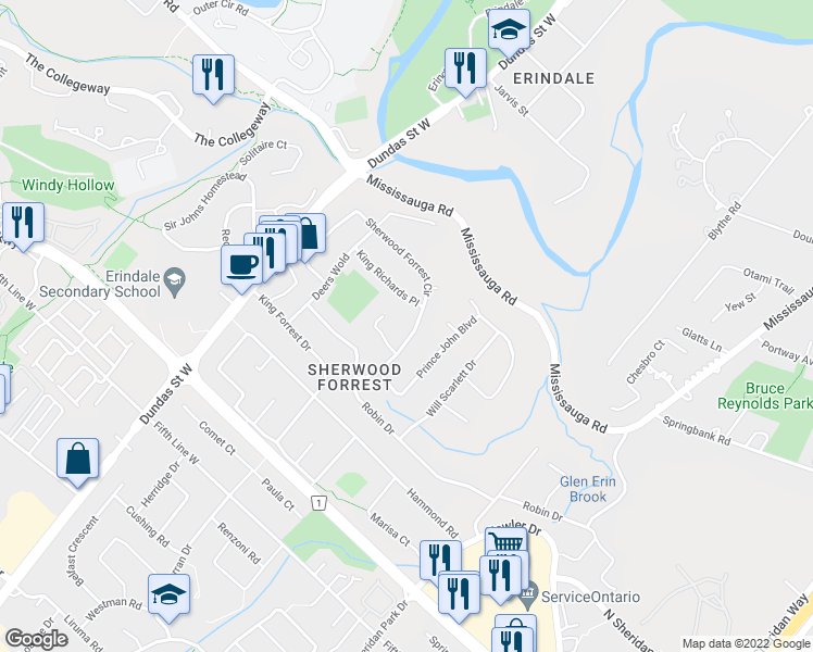 map of restaurants, bars, coffee shops, grocery stores, and more near 1841 Sherwood Forrest Circle in Mississauga