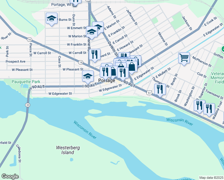 map of restaurants, bars, coffee shops, grocery stores, and more near 215 West Mullett Street in Portage