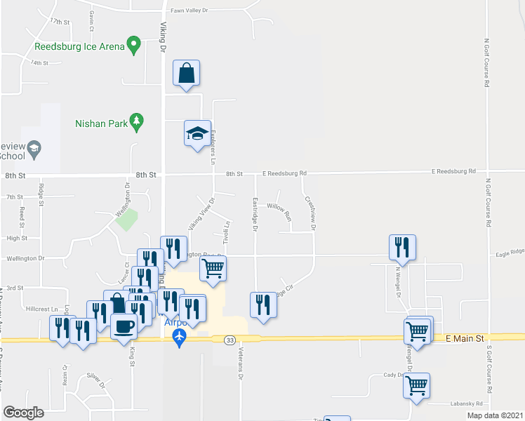 map of restaurants, bars, coffee shops, grocery stores, and more near 2008 Willow Run in Reedsburg