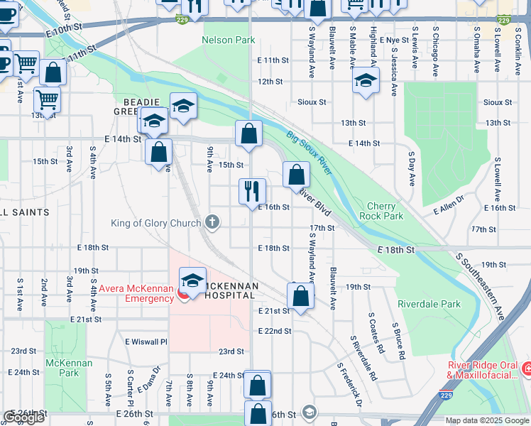 map of restaurants, bars, coffee shops, grocery stores, and more near 1000 Cliff Avenue in Sioux Falls